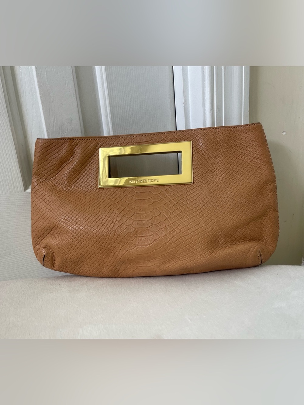 Michael Kors Cognac Textured Leather Clutch with Gold Accent